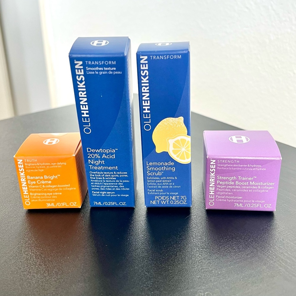 OLE HENRIKSEN 4Pc Set  (Scrub + Acid Night + Eye Cream + Moisturizer) & Scrunchy